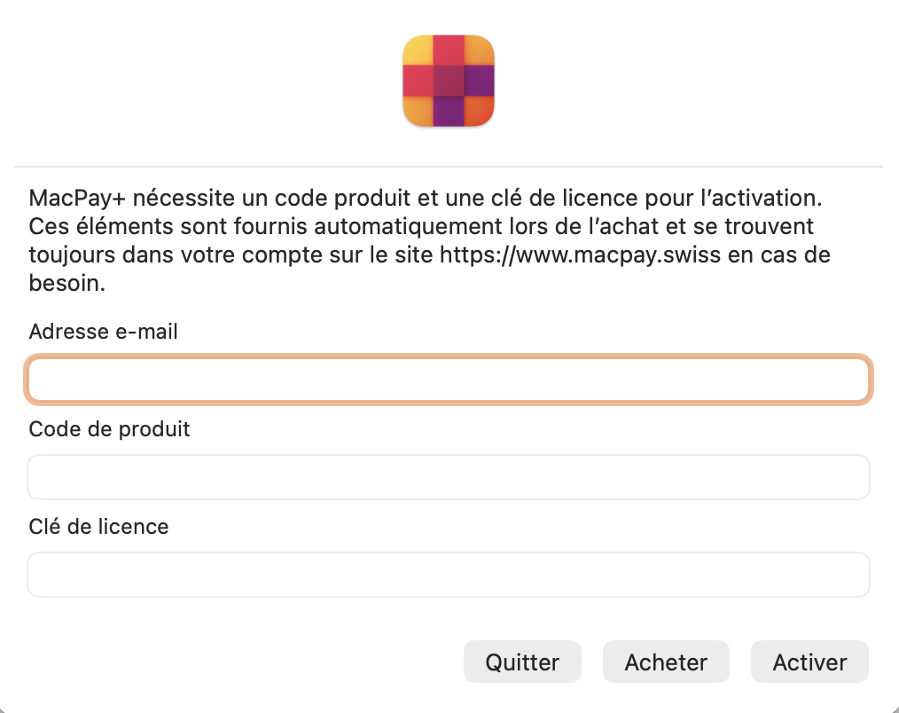 Dialogue d'activation de MacPay+
