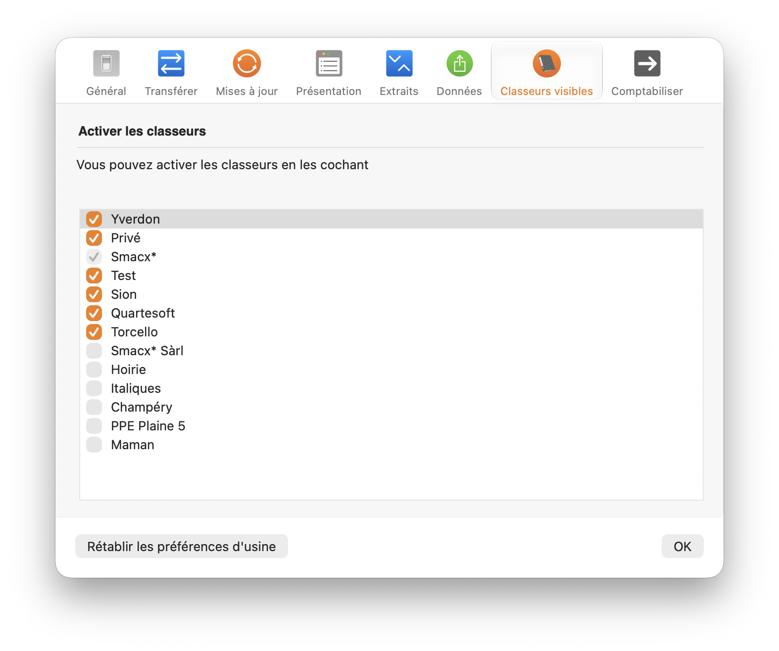 Panneau Classeurs visibles des réglages de MacPay+