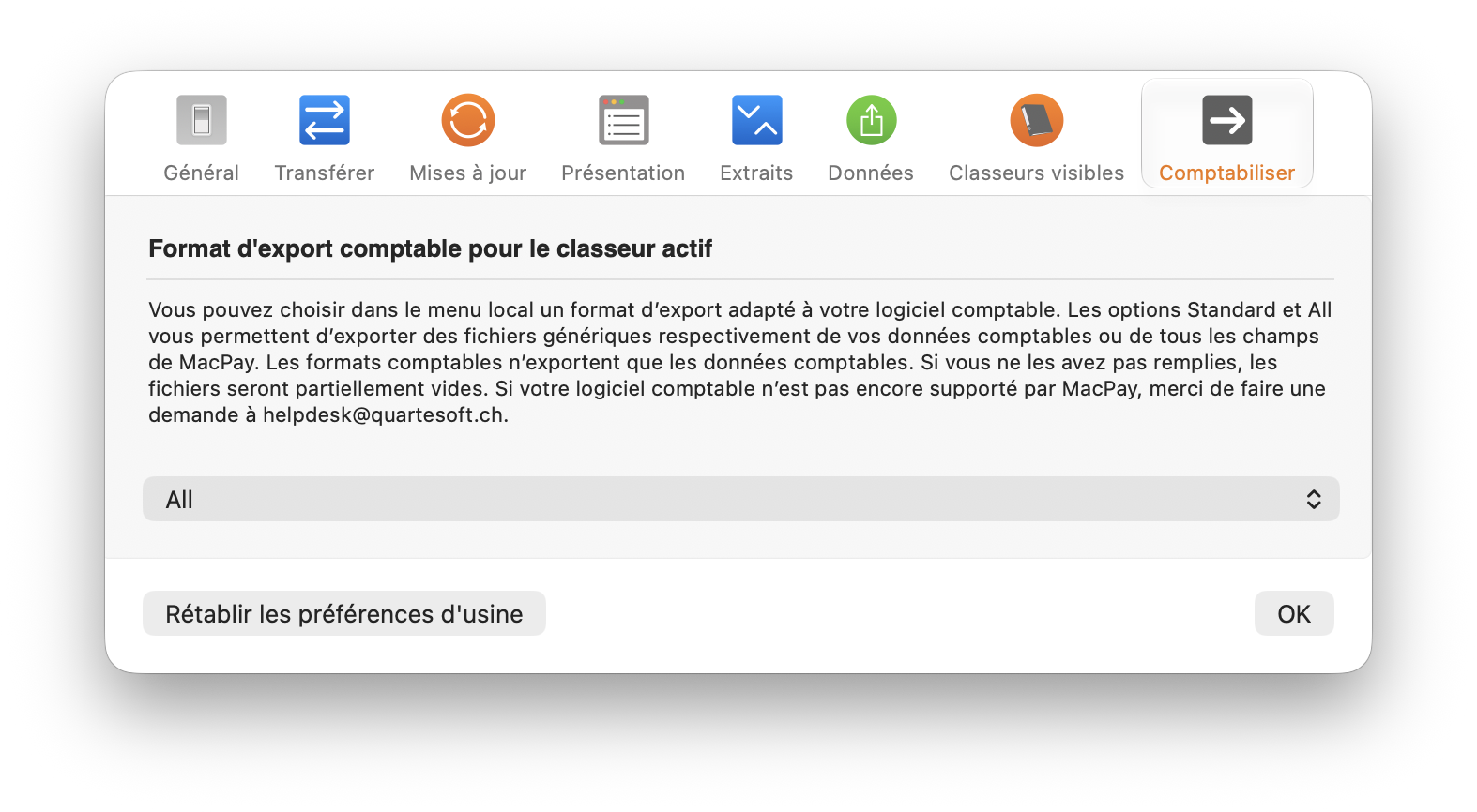Panneau Comptabiliser des réglages de MacPay+