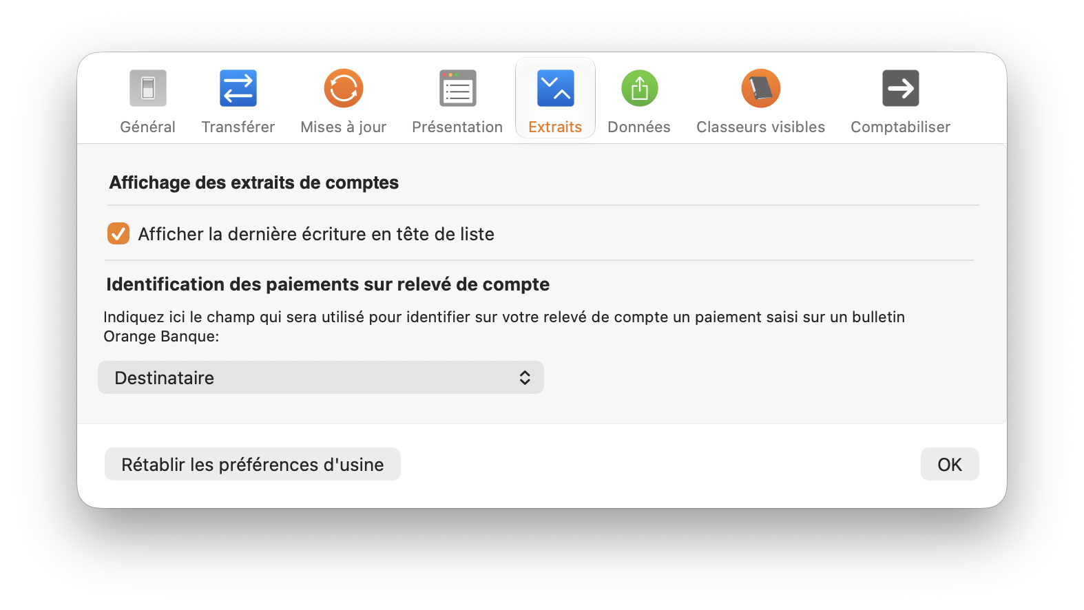 Panneau Extraits des réglages de MacPay+
