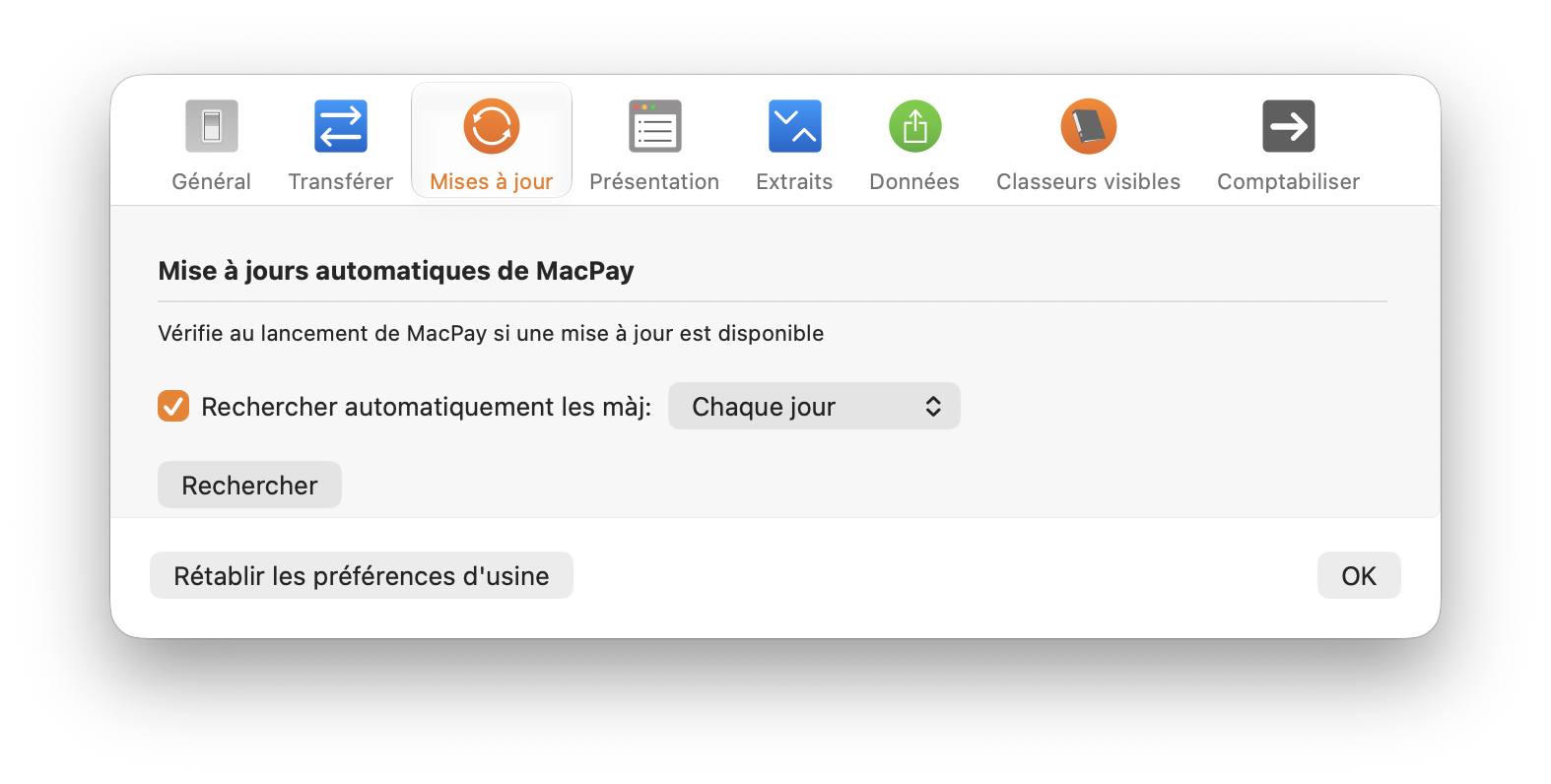 Panneau Mises à jour des réglages de MacPay+