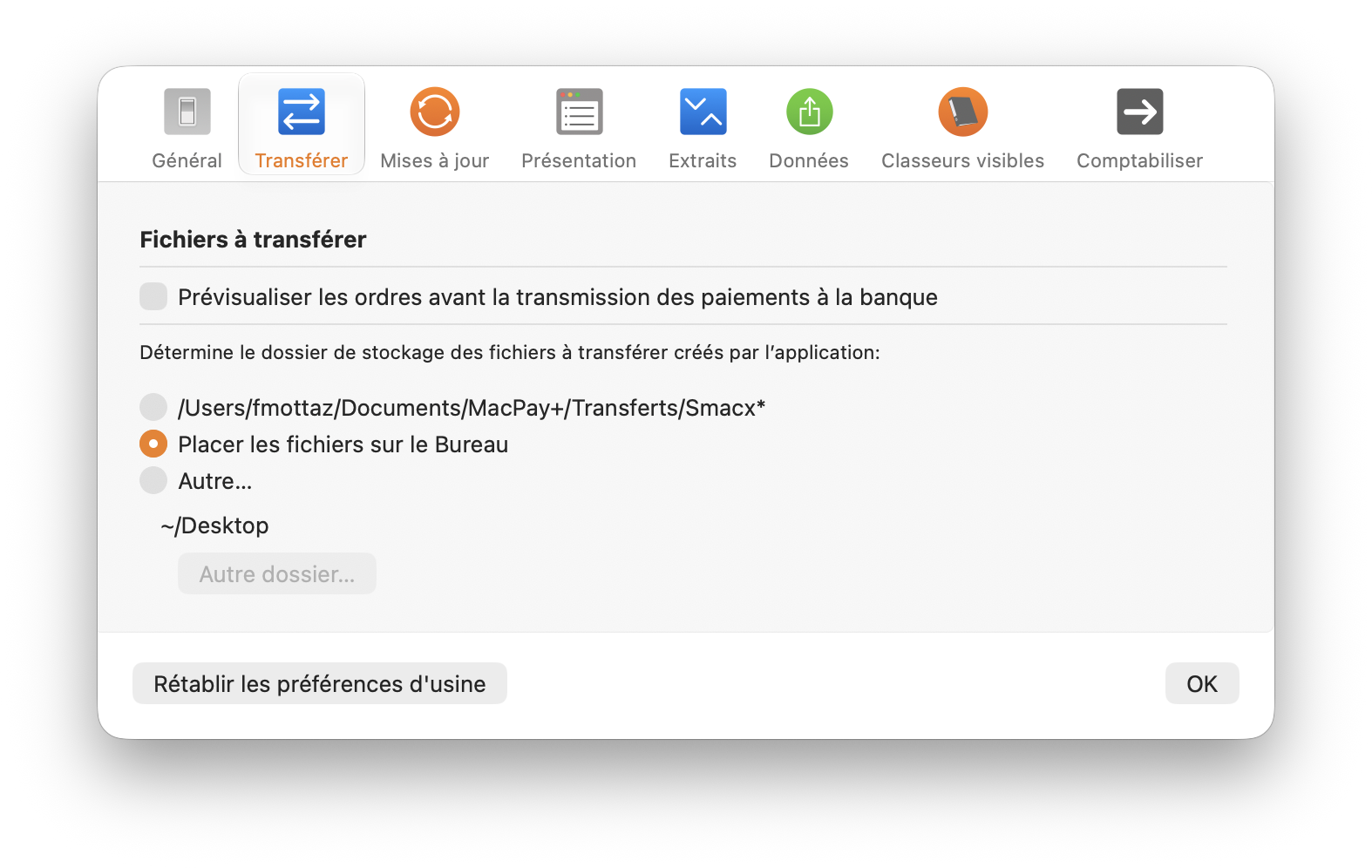 Panneau Transférer des réglages de MacPay+